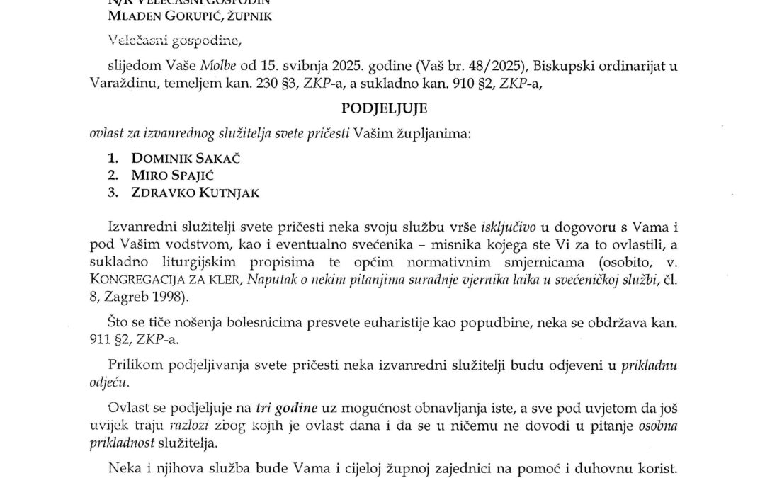Ovlasti za izvanredno služenje svete pričesti